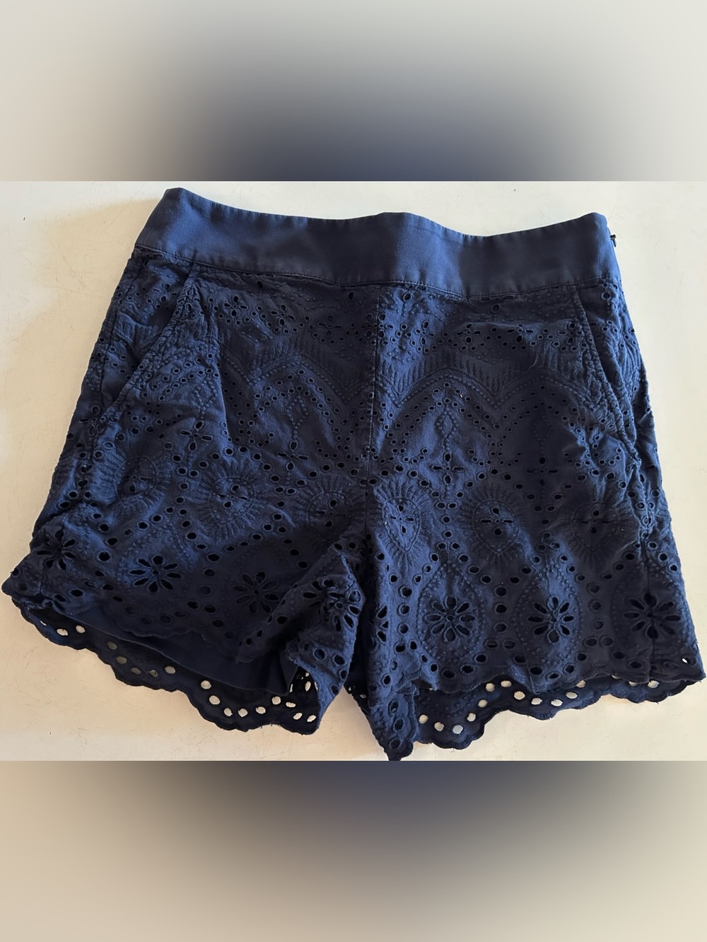 LOFT Navy Eyelet Lace Scalloped Hem Shorts